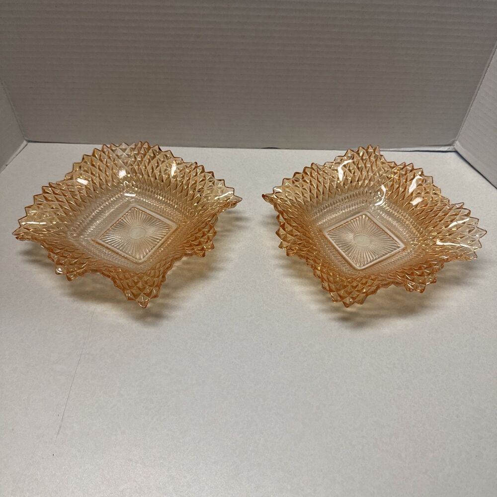 Indiana Glass Marigold 2 Pc Ruffle Edge Diamond Point Trinket Candy Dish Vintage